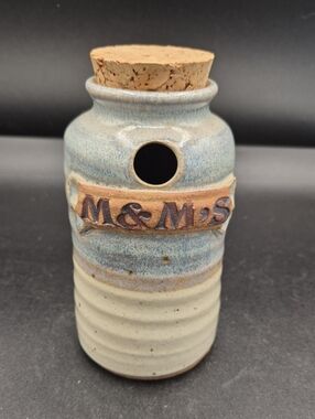 Blue and Cream Pottery M&Ms Jar with Cork Stopper